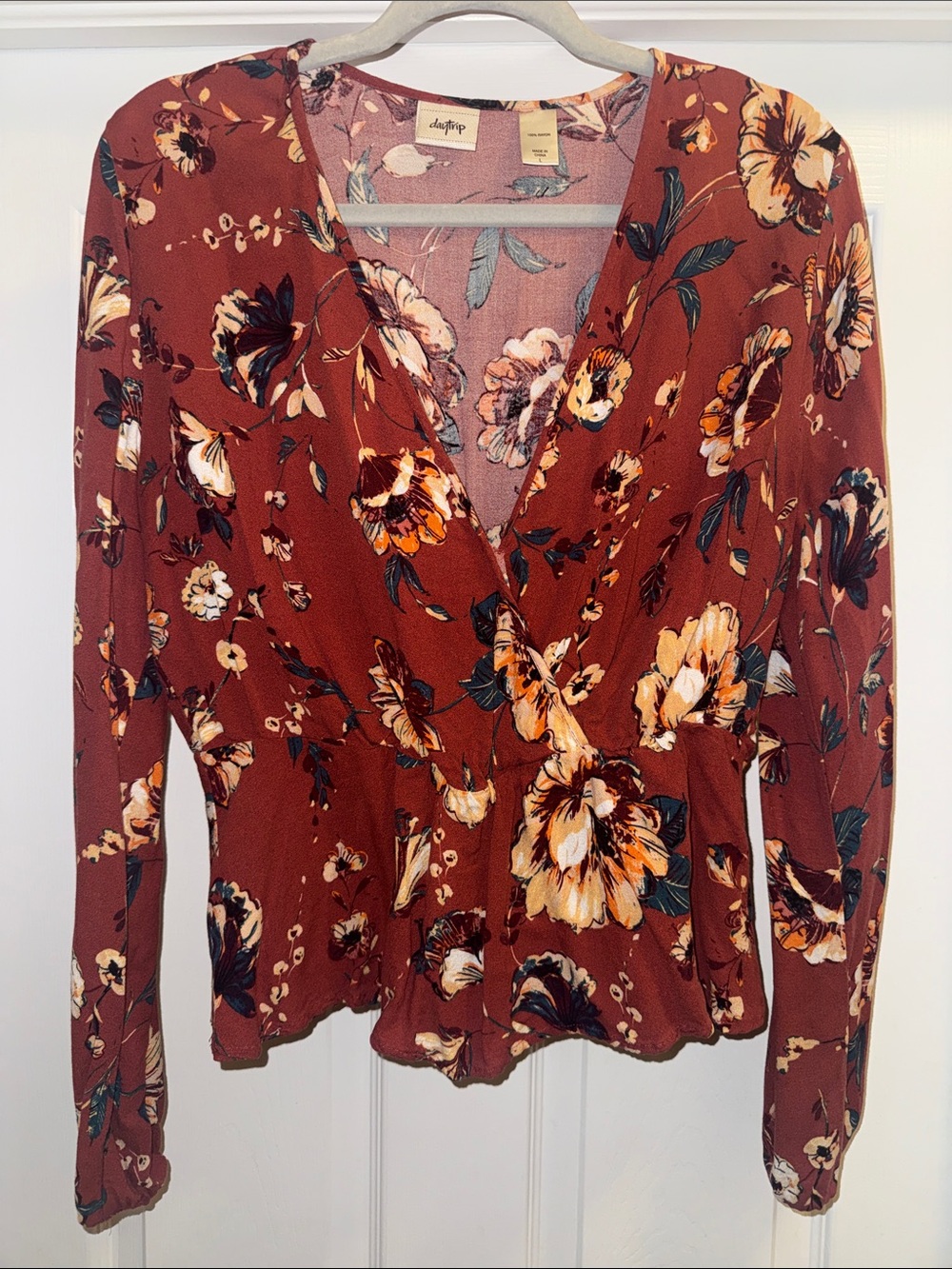 Daytrip Rust Floral Wrap Blouse with V-Neck